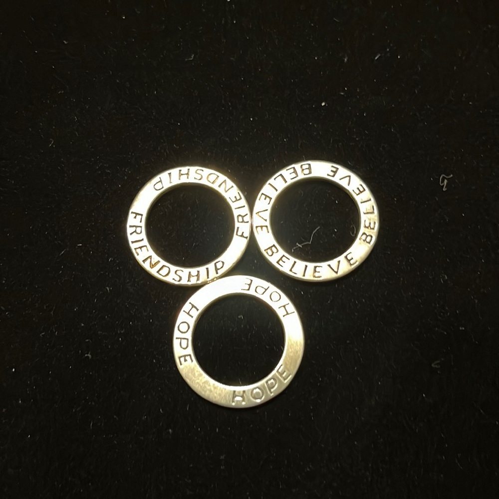 Friendship, hope, believe. .925 Sterling Silver Hoop pendants.